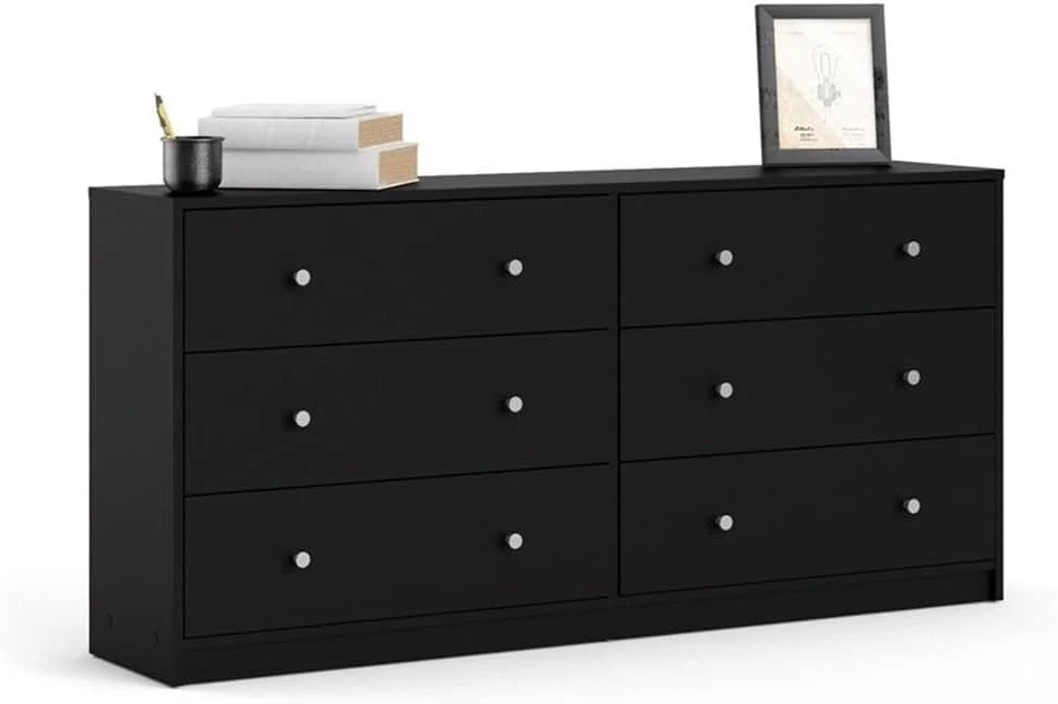 3-Pc Scandinavian Design Engineered Wood Bedroom Furniture Set with 3-Drawer Chest  6-Drawer Double Dresser  1-Drawer Nightstand, Pewter Plastic Handles, Smooth Plastic Glides, in Black(3)