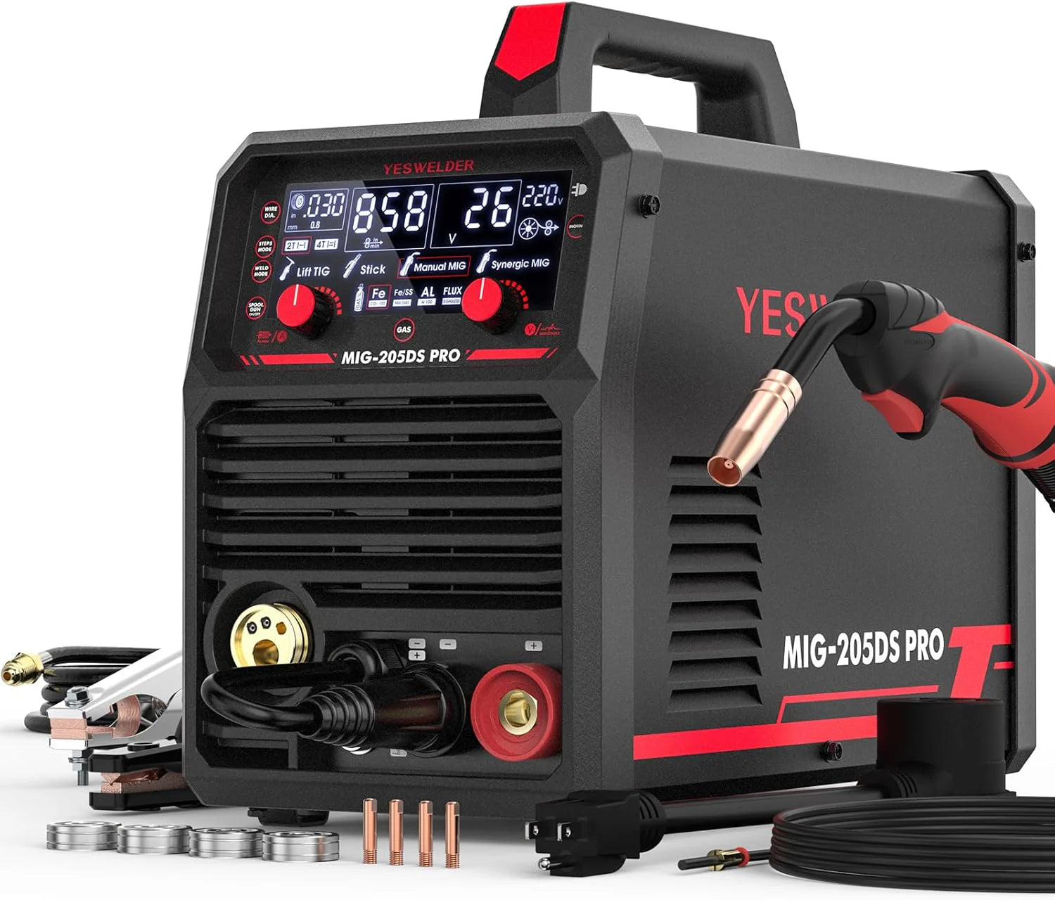 YESWELDER 135Amp MIG Welder,110V Flux Core Welder Flux Core MIG/Lift TIG/Stick 3-in-1 Large LED Digital Display Welding Machine IGBT Inverter Welder FLUX-135PRO(MIG-250PRO)
