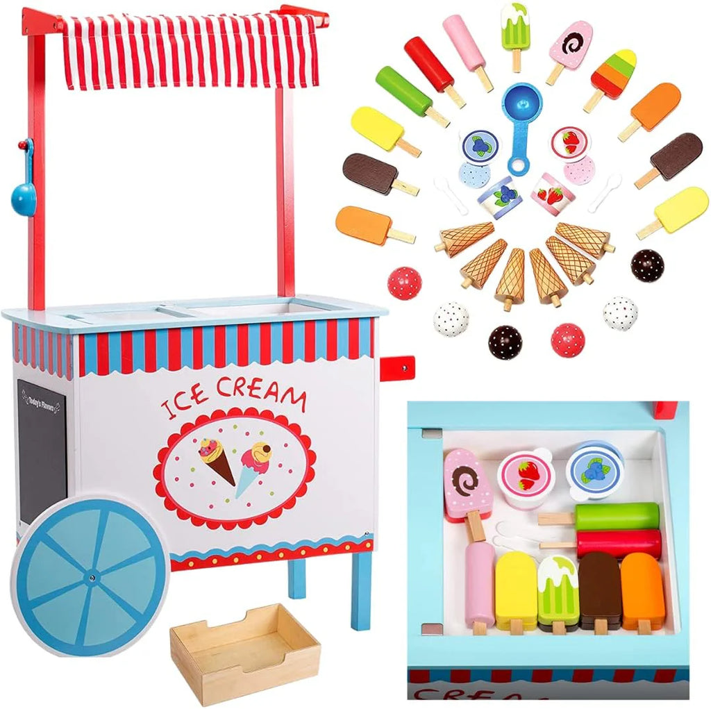 Ice Cream Truck Pretend Play Stand for Kids - High Quality Wooden 33+ Piece Realistic Wooden Toy Set