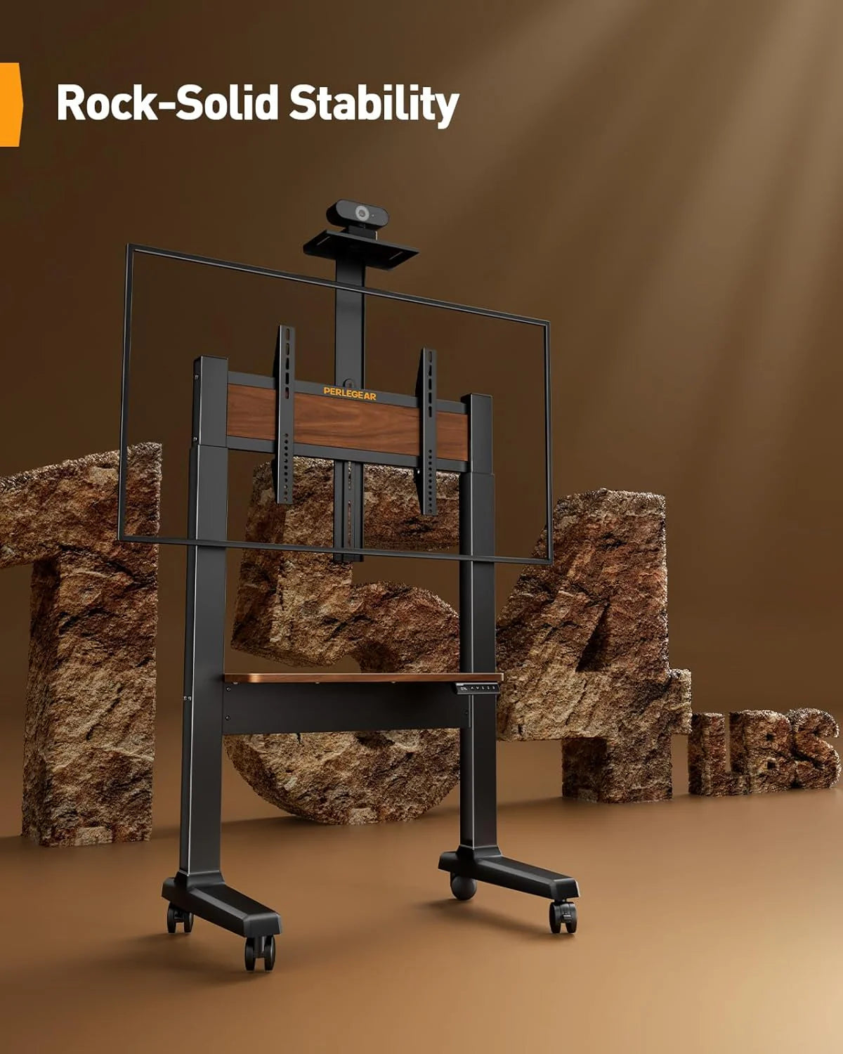 Motorized Mobile TV Stand on Wheels for 37–86 Inch TVs up to 154 lbs, Electric Height Adjustable Rolling TV Stand, VESA 200x200–600x400mm, Wooden Shelf  Panel, PGTVMC26B
