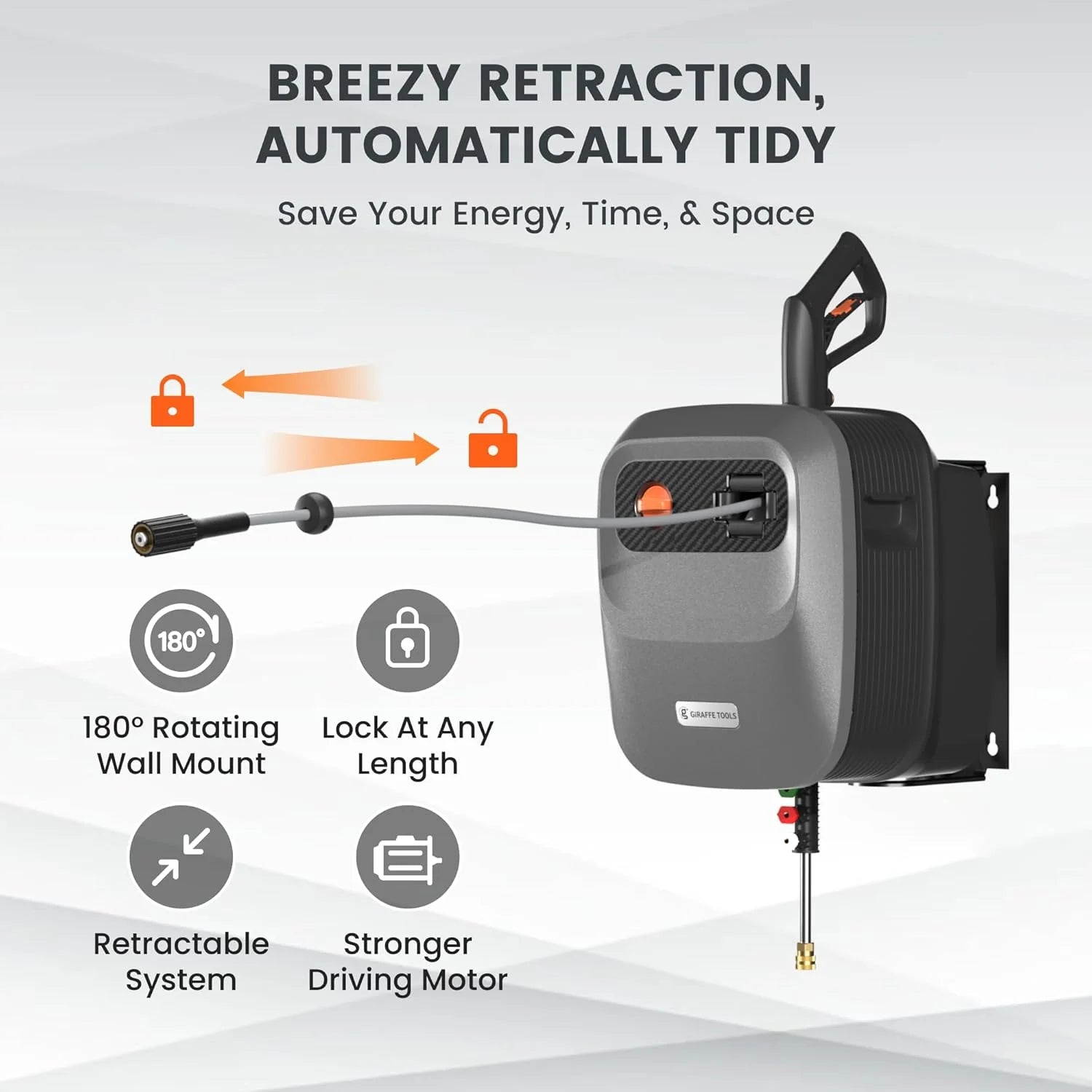 Pressure Washer G20 Pro, 2500 PSI 2.2 GPM, 180° Wall Mounted Power Washer, Auto-retract with 65FT Hose Reel, 5 Nozzles for Floor/Cars/Fences/Patios, Dark Silver(G20 Pro 65ft Ultra-soft Pressure Hose/Light Silver)