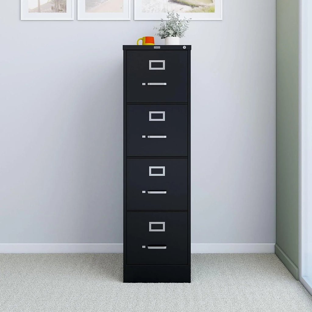 STAPLES 4-Drawer File Cabinet, Lockable, Black, 25"D x 15"W