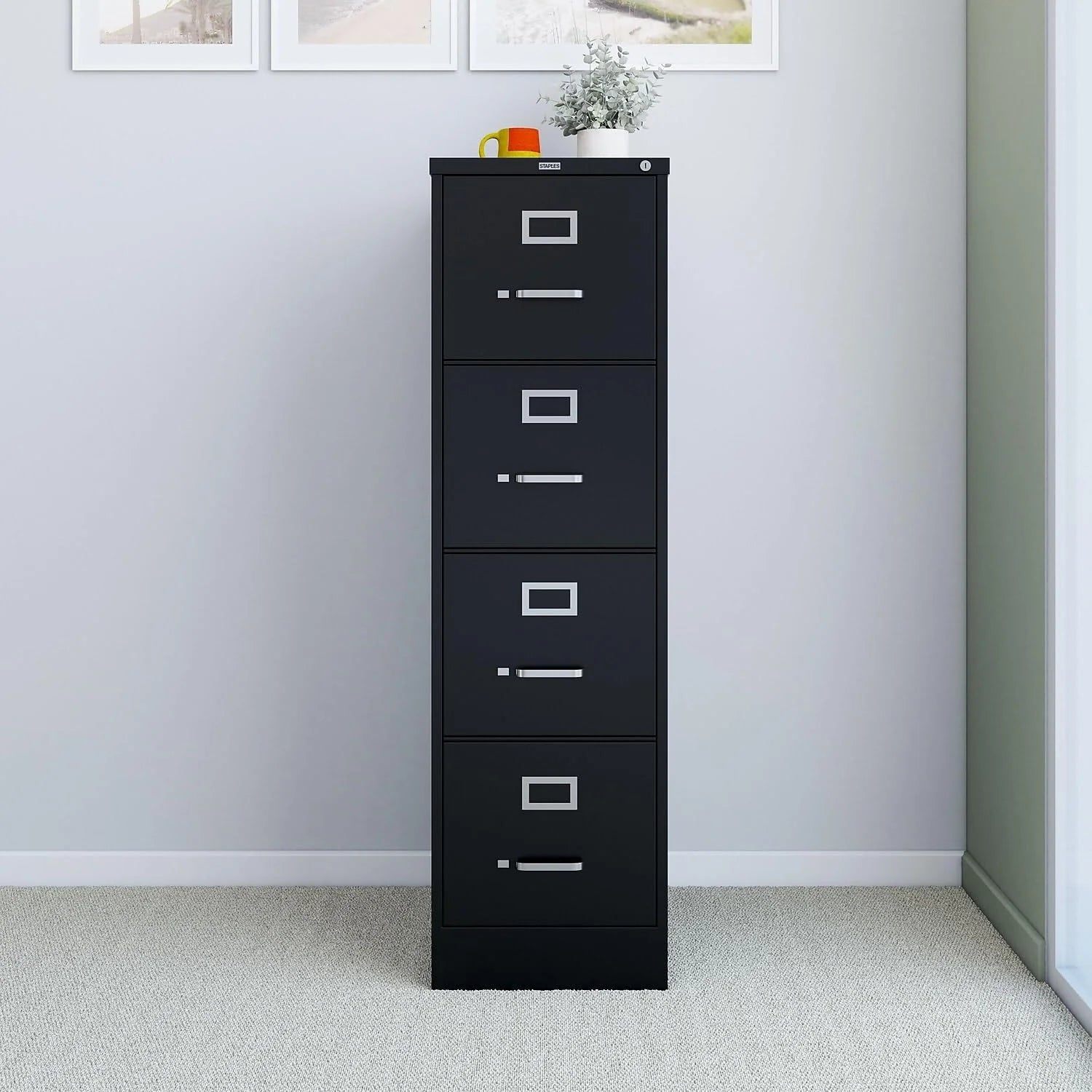 STAPLES 4-Drawer File Cabinet, Lockable, Black, 25"D x 15"W