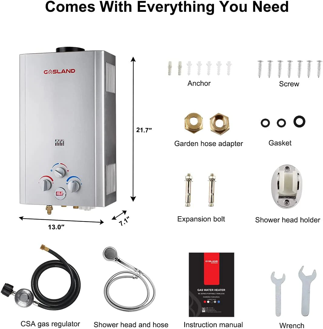 Portable Tankless Water Heater, Outdoors 6L 1.58GPM Propane Water Heater for RV Camping, Overheating Protection(2.64 GPM/10L/Silver)