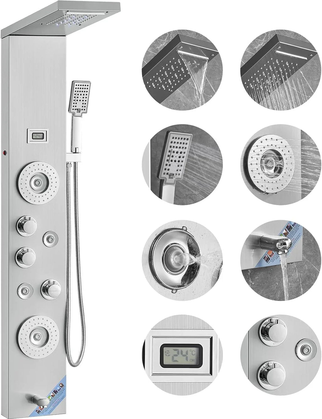 Shower Panel System, 6 Shower Modes, LED  Display Shower Panel Tower, Rainfall, Waterfall, 4 Body Massage Jets, Tub Spout, Handheld Shower Head 59" Hose, Stainless Steel Wall-Mounted Shower Set