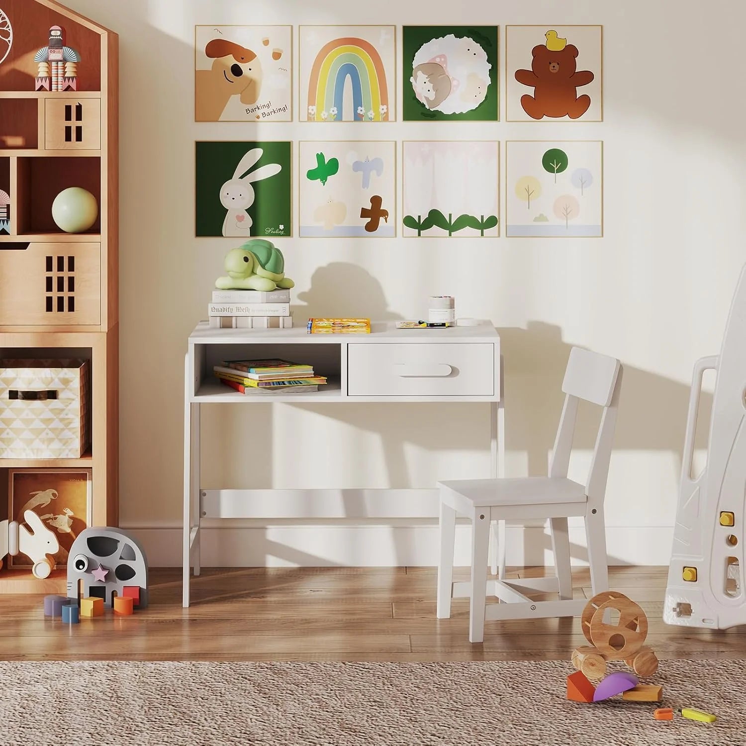 Kids Desk and Chair Set, Wooden Children School Study Table and Chair w/Storage Drawer  Hutch, Student Writing Desk Computer Workstation for Bedroom, Gift for 3+ Years Old (White)(White)
