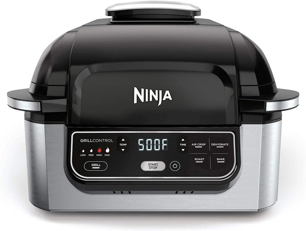 5-in-1 Indoor Electric Grill with Air Fry, Roast, Bake  Dehydrate - Programmable, Black/Silver(Black/Silver/4-Quart)