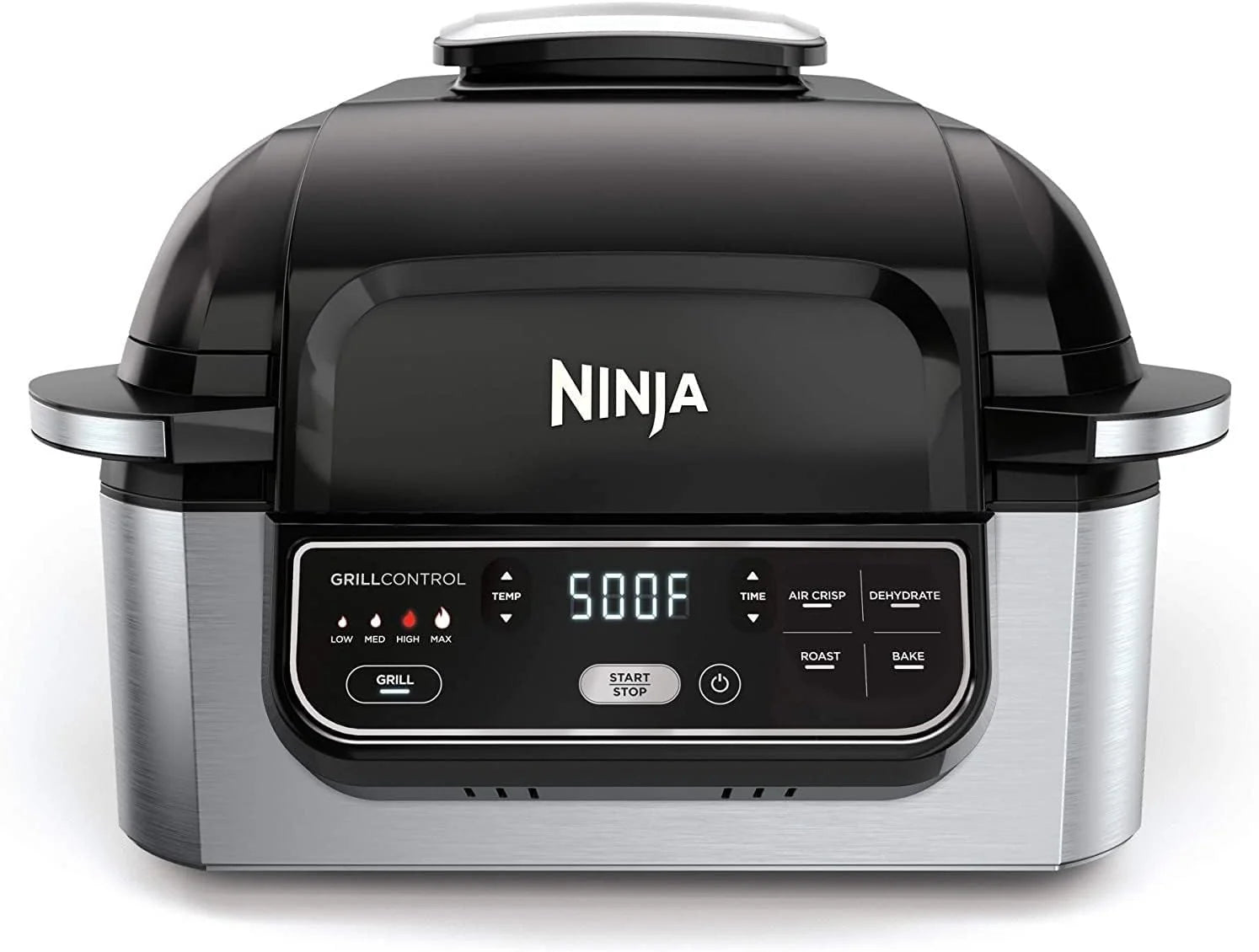 5-in-1 Indoor Electric Grill with Air Fry, Roast, Bake  Dehydrate - Programmable, Black/Silver(Black/Silver/4-Quart)