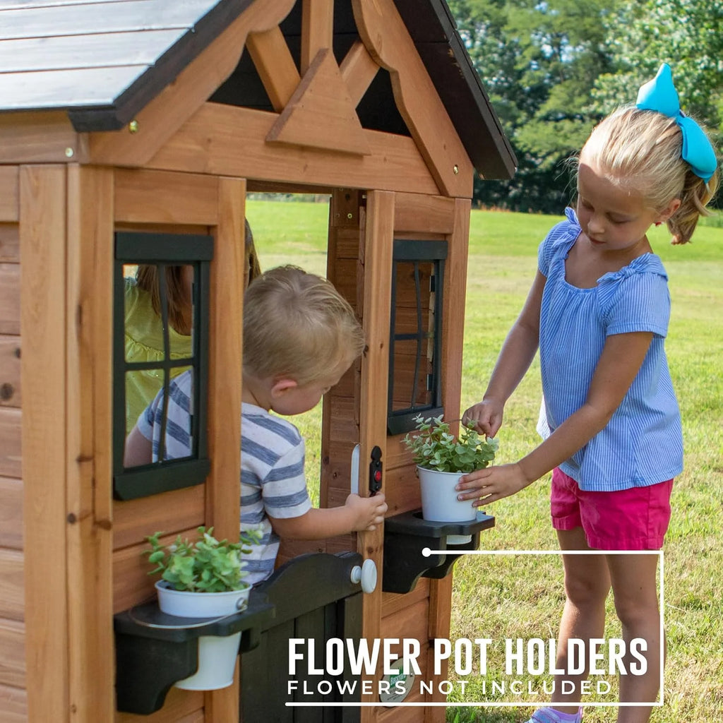 Children's playhouse cabin, equipped with a game kitchen, snack bar, half-door, toy phone, windows, flower pot stand and an operable doorbell, suitable for creative outdoor games.(Light Brown)