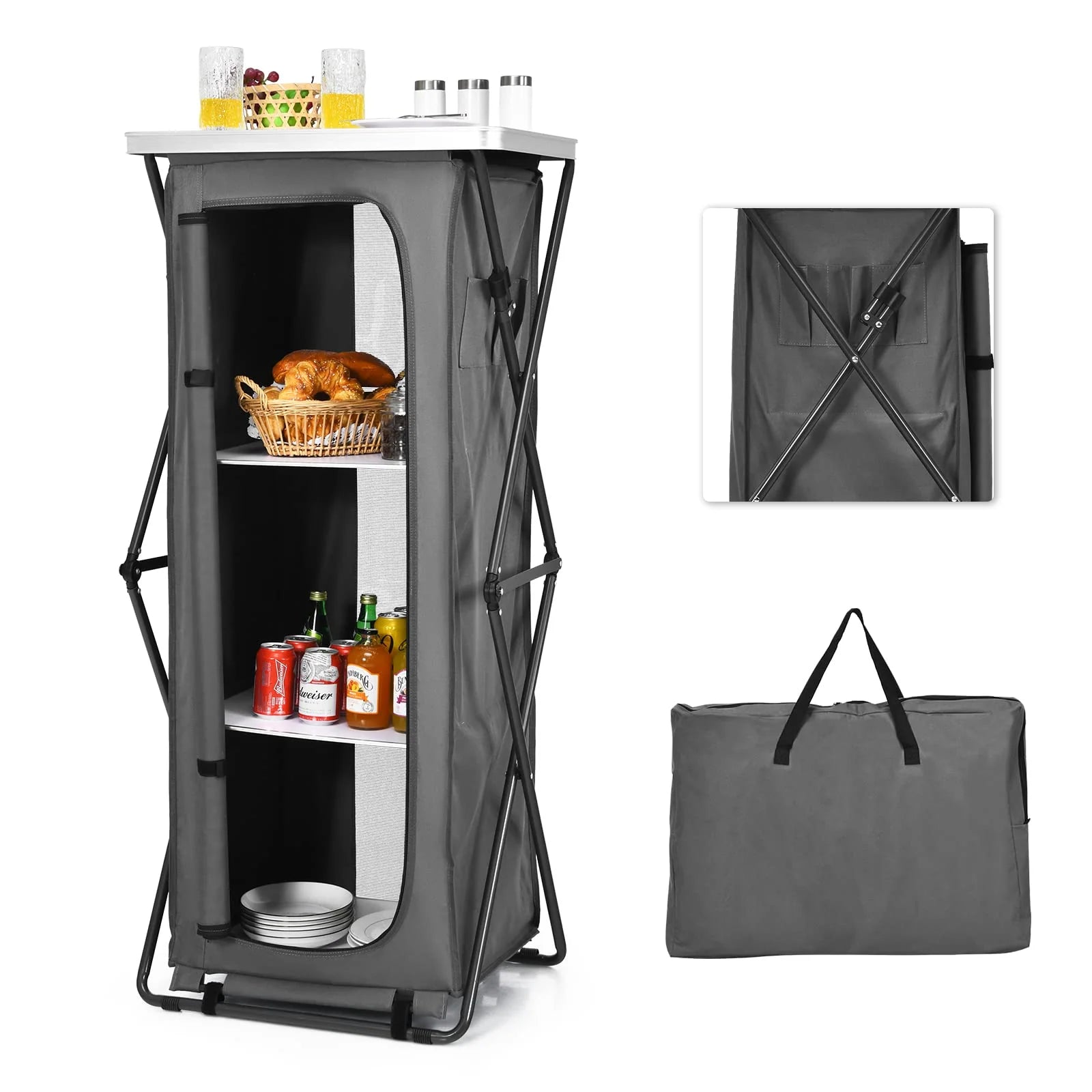 Folding Camping Storage Cabinet, Pop Up Outdoor Camping Kitchen Station with Large 3-Tier Storage Organizer(47)
