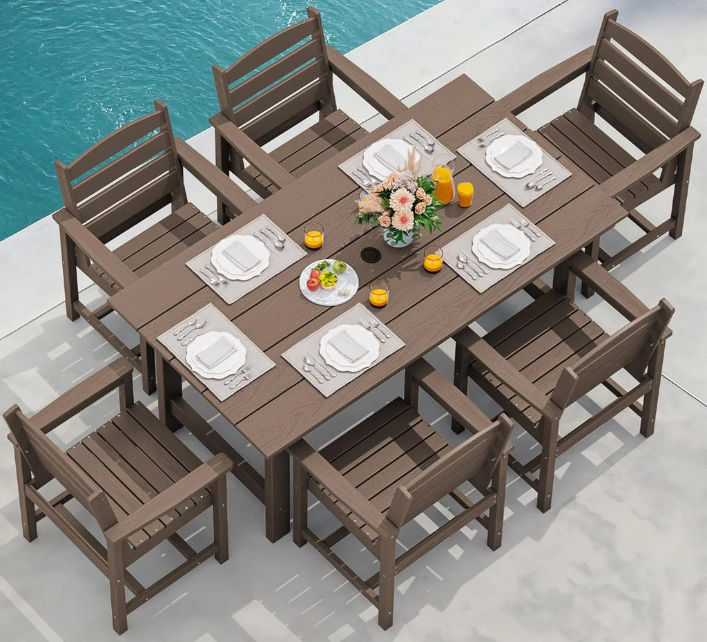 SERWALL 7-Piece Patio Table Set, Outdoor HDPE Dining Furniture with Umbrella Hole, All Weather Table and Chairs for Lawn, Garden, Poolside, Aruba(7 Piece + RedWhite Cushion/Aruba)