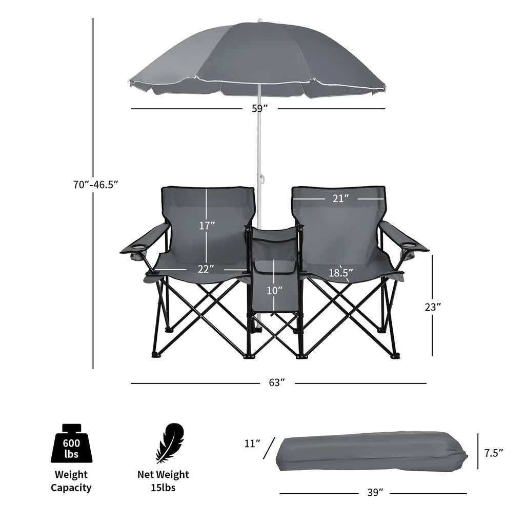 Double Folding Picnic Chairs Umbrella Mini Table Beverage Holder Carrying Bag(Blue)