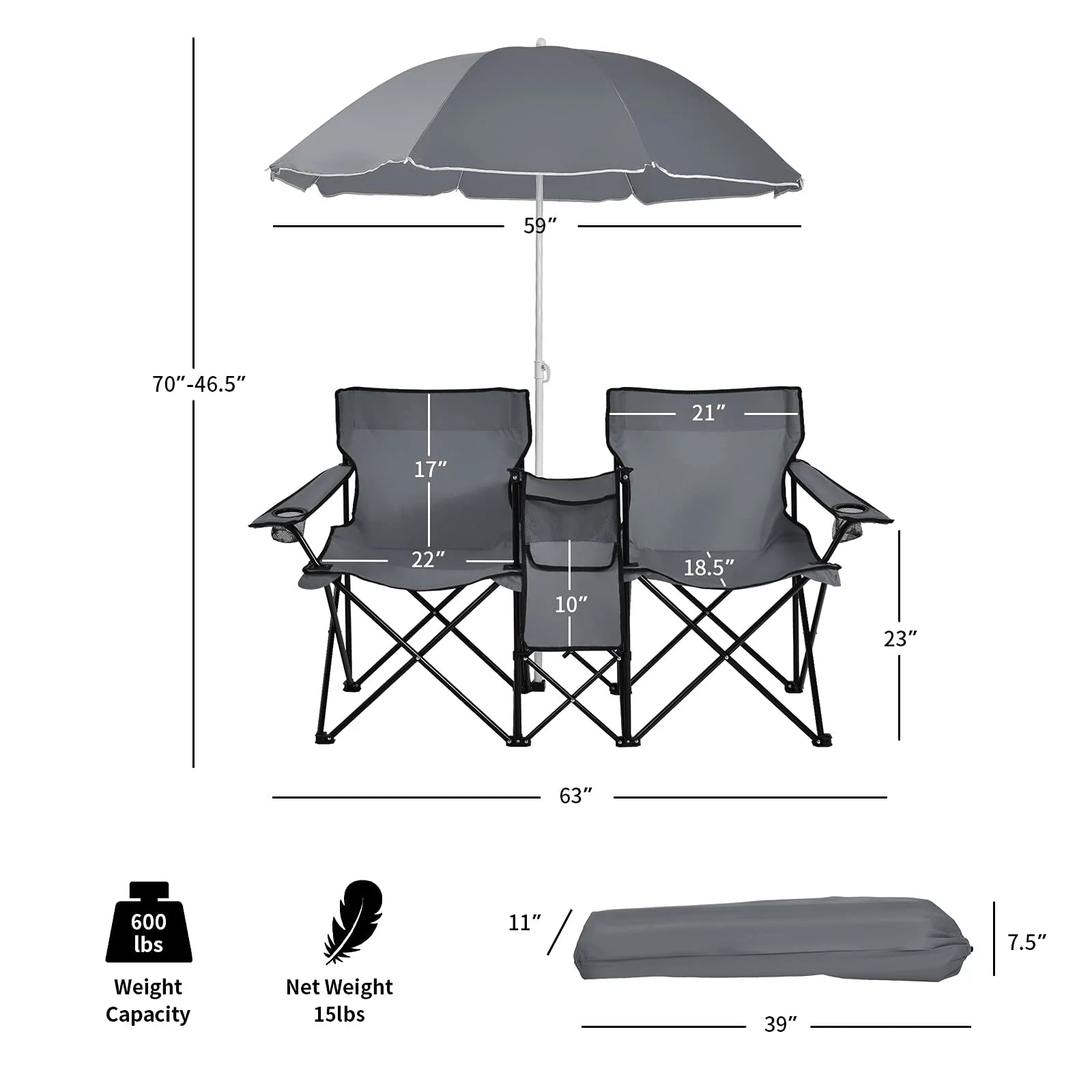 Double Folding Picnic Chairs Umbrella Mini Table Beverage Holder Carrying Bag(Blue)