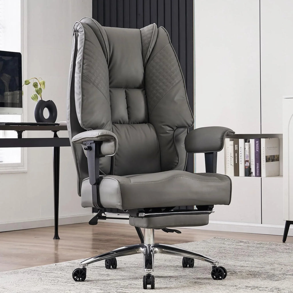 Large Tall Office Chair 400 lbs Wide Seat, Leather High Back Executive Office Chair with Footrest, Ergonomic Office Chair Lumbar Support to Relieve Lower Back Pain (Beige)(Grey)