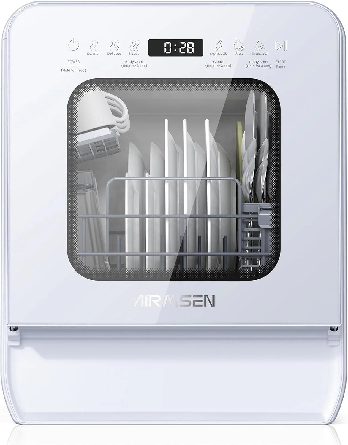 Portable Countertop Dishwasher, 5L Tank, 3 Spray Arms, 12H Delay, No Hookup Needed, White(4 Place Settings)