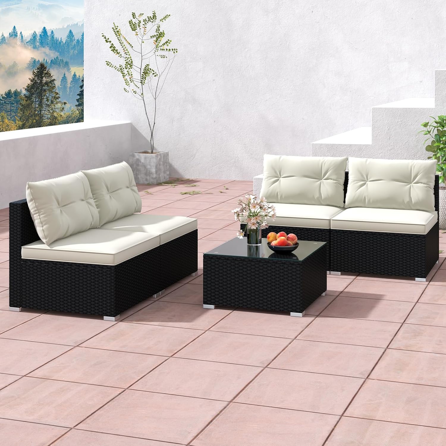 5-Piece Dark Rattan Patio Furniture Set, Outdoor Sofa with Glass Coffee Table(Navy)