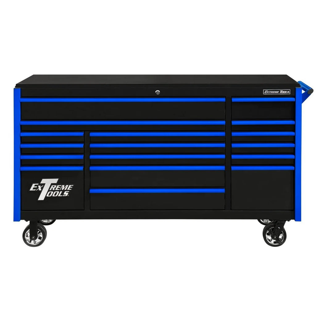 Extreme Tools DX Series 72” 17 Drawer Roller Cabinet(Black - Blue)