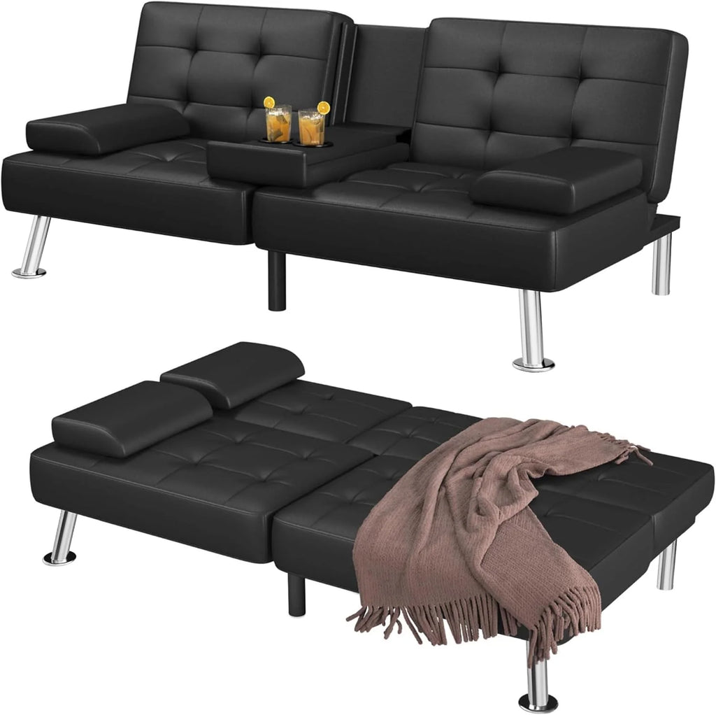 Futon Sofa Bed Convertible Folding Futon Set Modern Recliner Lounge for Small Room  Living Room with 2 Cup Holders, Removable Armrests (Artificial Leather, Black)(Black/Artificial Leather)