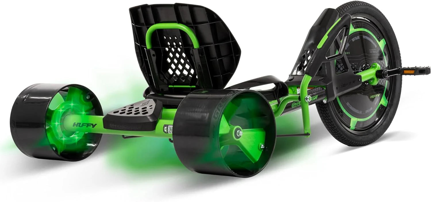 20" Drift Tricycle for Kids 8+, Adjustable Seat, LED Lights  Foot Brake, Green/Black
