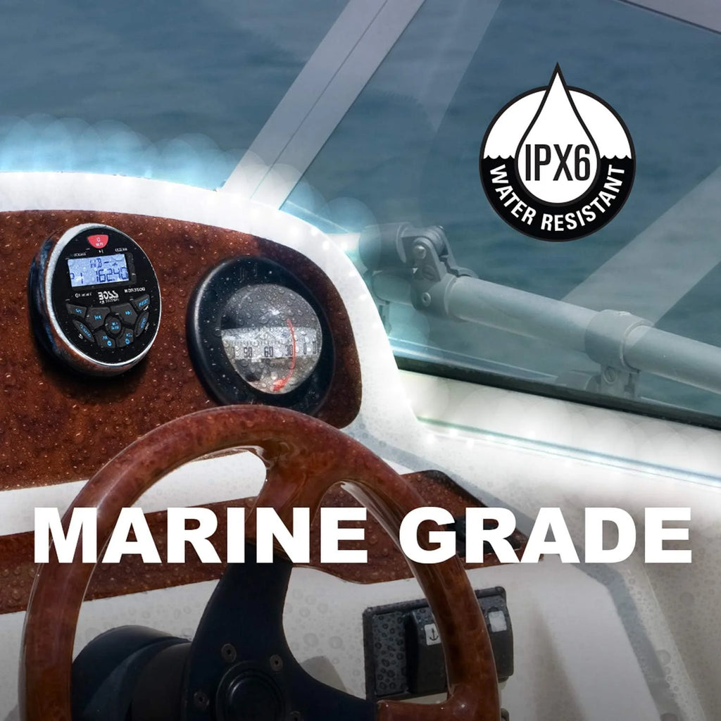 Marine Boat Stereo Gauge Receiver – Bluetooth Head Unit, No CD DVD Player, Built-in 4 Channel Amplifier, Weatherproof, USB, USB Charging(MGR450B + 2 White Speakers)