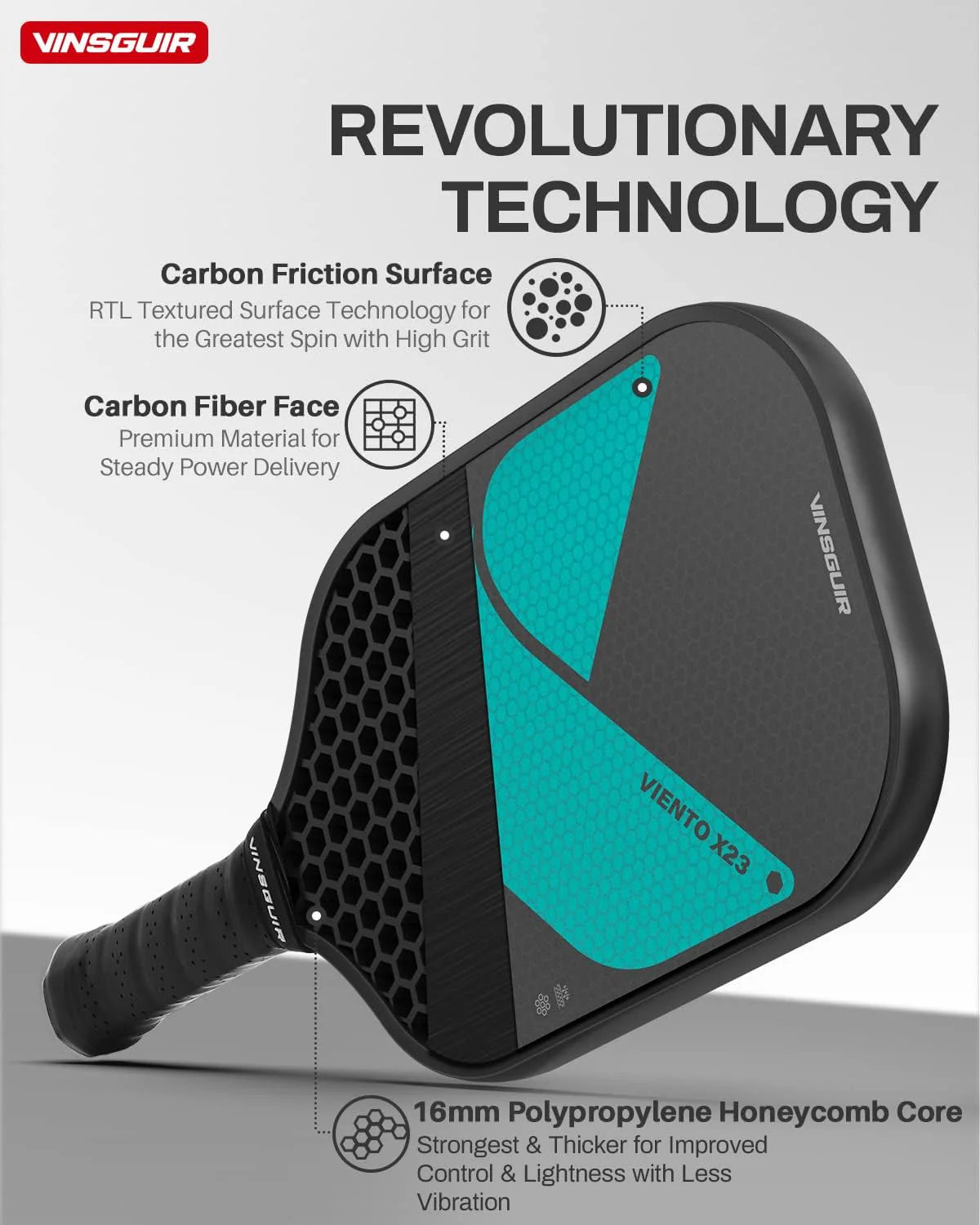 Pickleball Paddle, 16MM Carbon Fiber Pickleball Paddle with Longer Handle, Elongated Paddle with SpinFlex Surface, Power, Hybrid  Control Paddles for Advancer  Professional(T300- 16MM-CFS-High Grit  Spin)