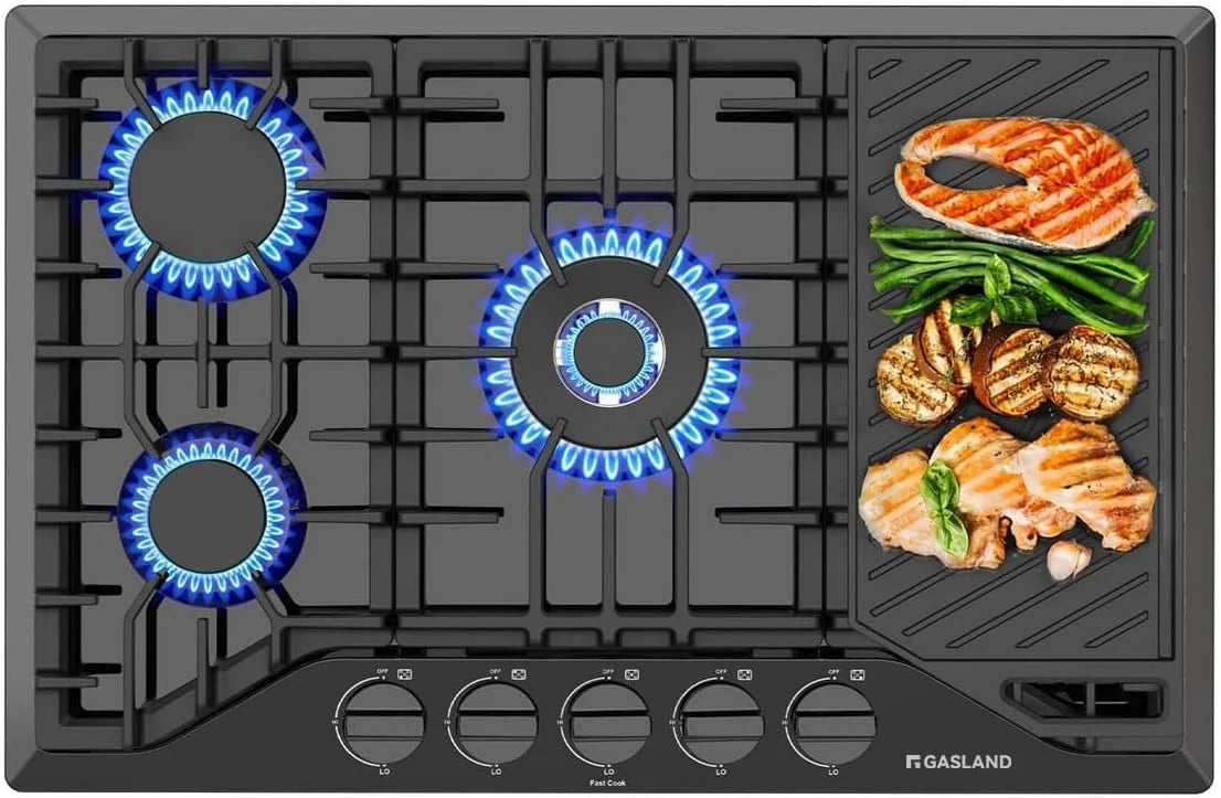 30" Professional 5-Burner Gas Range, Cast Iron Griddle/Grill, NG/LPG Convertible 120V (Black, CSA Certified)(12 inch)