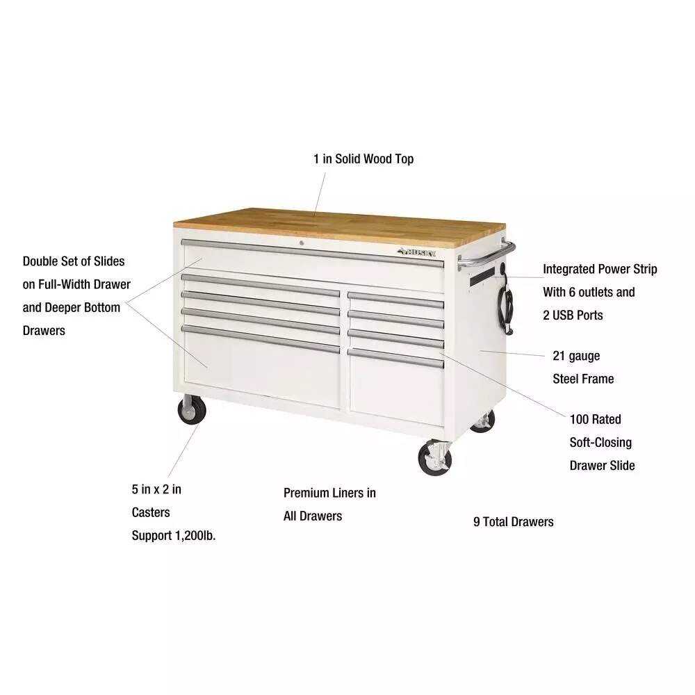 52 IN. 9-DRAWER MOBILE WORKBENCH IN GLOSS WHITE