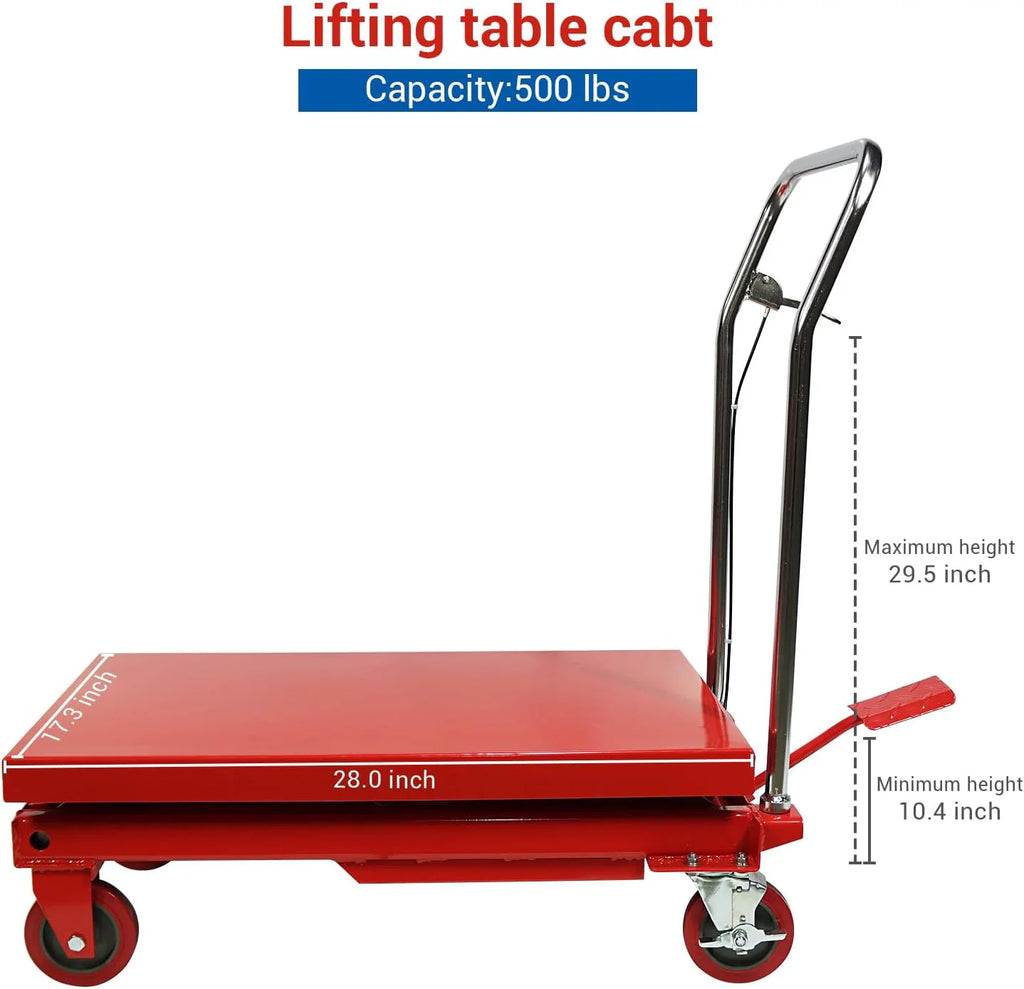 500LBS Hydraulic Lift Table Cart, 30" Lifting Height., Double Scissor Lift Table with 4 Wheels and Non-Slip Pad, Hydraulic Scissor Lift Table for Material Handling and Transportation(660 Pounds)