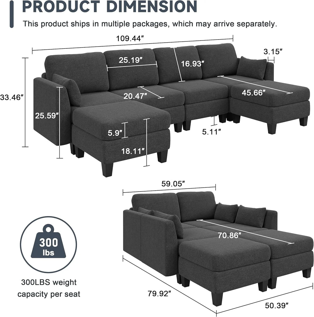 Modular Sectional Sofa, Convertible U Shaped Sofa Couch with High Density Memory Foam, 6 Seat Comfy Modular Sofa Couch for Living Room, Modern U Shaped Sectional Sofa, Dimgrey(Dimgrey)