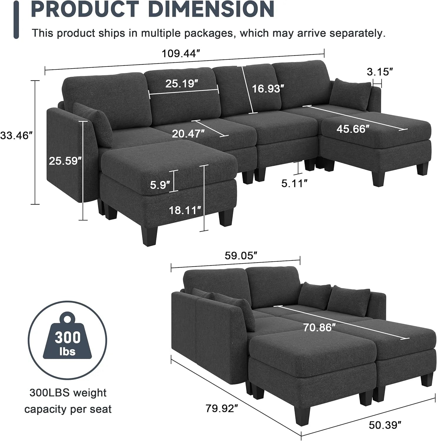 Modular Sectional Sofa, Convertible U Shaped Sofa Couch with High Density Memory Foam, 6 Seat Comfy Modular Sofa Couch for Living Room, Modern U Shaped Sectional Sofa, Dimgrey(Dimgrey)