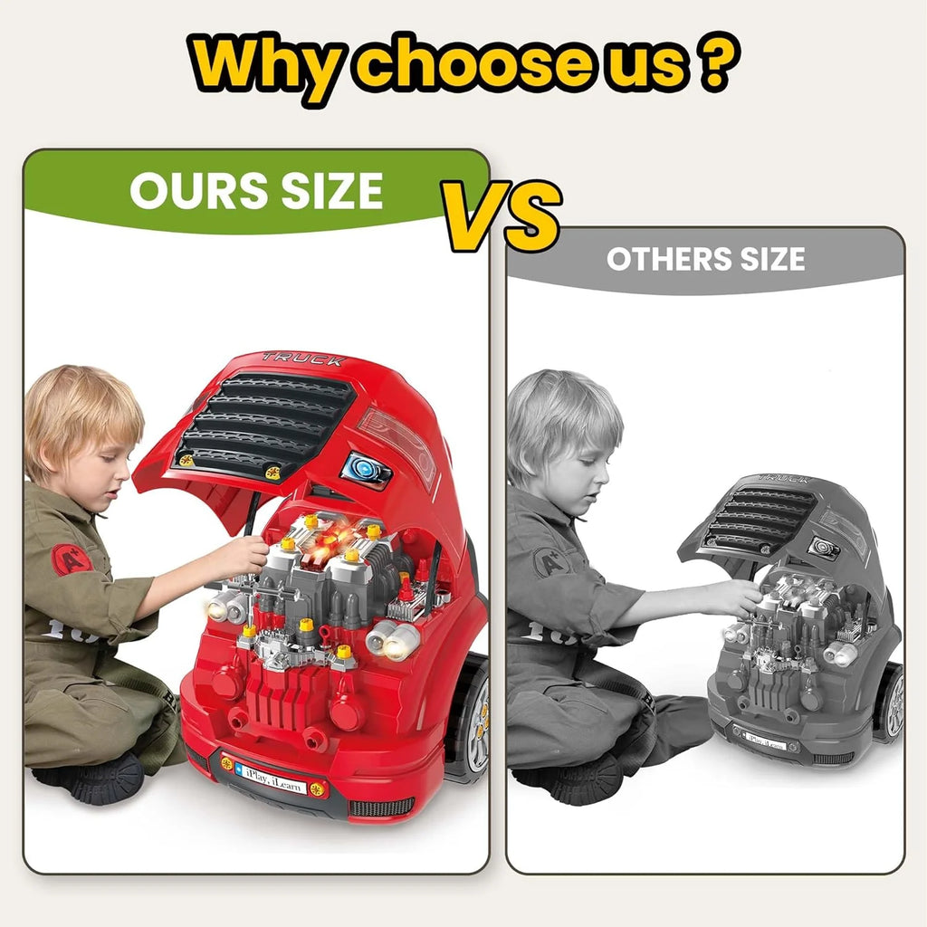 Truck Engine Toy, Kids Mechanic Repair Set for 3-5 Yr Toddlers, Big Builder Kit, Take Apart Motor Vehicle Pretent Play Car Service Station, Gifts 4 6 7 8 Year Old Boy Child