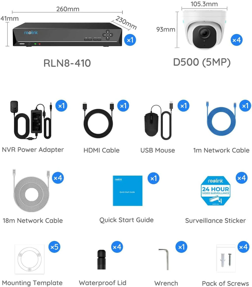 Smart 5MP 8CH Home Security Camera System, 4pcs Wired 5MP PoE IP Cameras Outdoor with Person Vehicle Detection, 4K 8CH NVR with 2TB HDD for 24-7 Recording, RLK8-520D4-5MP