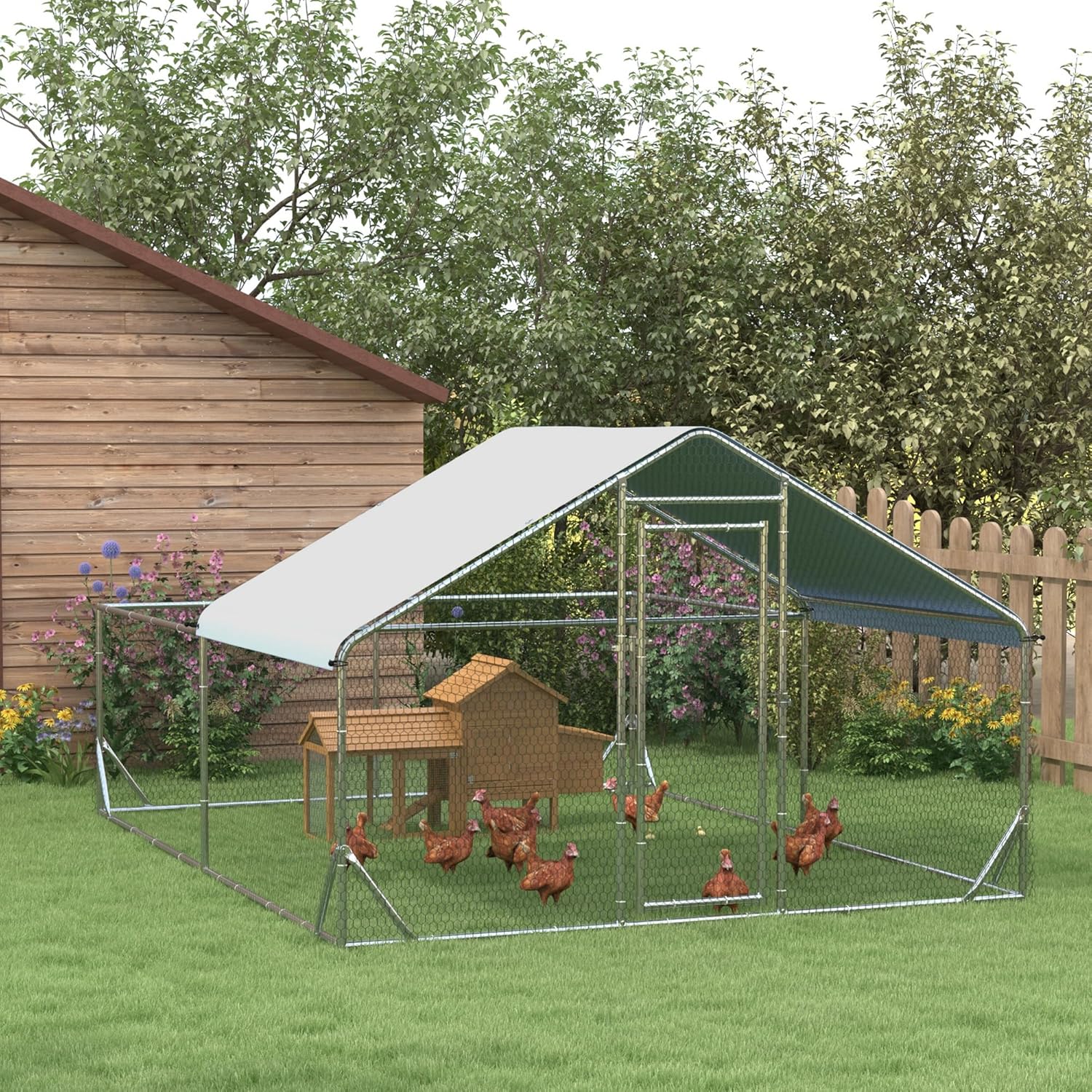 Large Metal Chicken Coop with UV Cover, 13.1'x9.8'x6.4' for Poultry  Small Animals(Solid/400L x 300W x 195H cm)