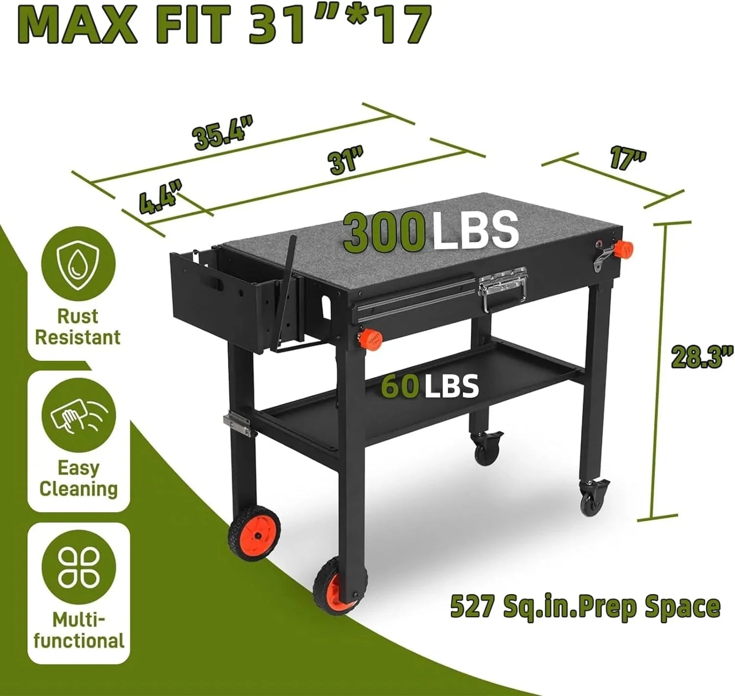 Adjustable 3-Shelf Indoor  Outdoor Grill Table | Portable Work Table with Stainless Steel Tabletop