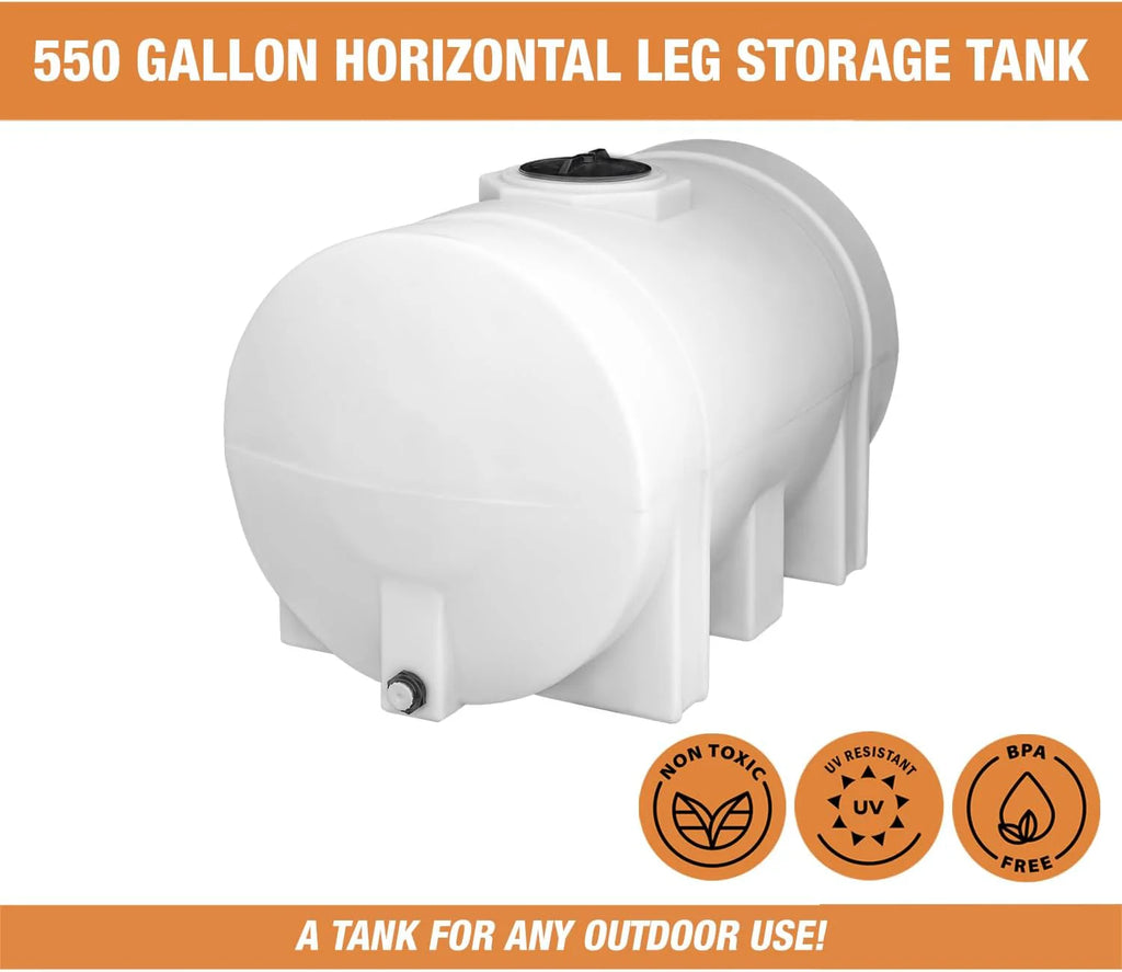Horizontal Polyethylene Reservoir Water Tank with Legs, 550 Gallon, Made in the USA, Poly Tank for Water and Non-Flammable Liquids, Rust and Corrosion Proof(550 gallon)