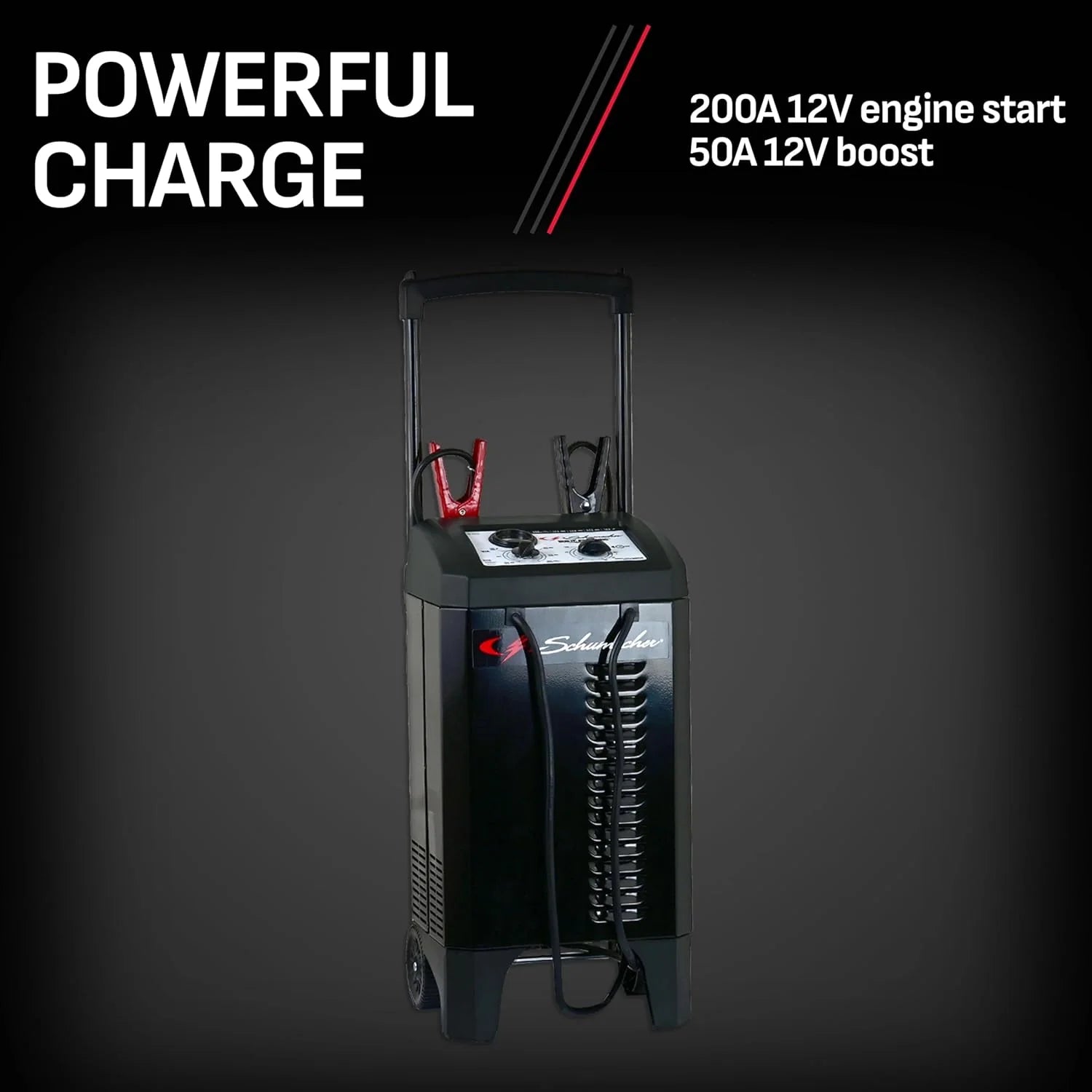 SC1633 Manual Timer-Controlled Wheeled Battery Charger and Jump Starter for Cars, SUVs, Trucks, and Boats, 200 Cranking Amps, 12 Volts, 24 Volts, Black, 1 Unit
