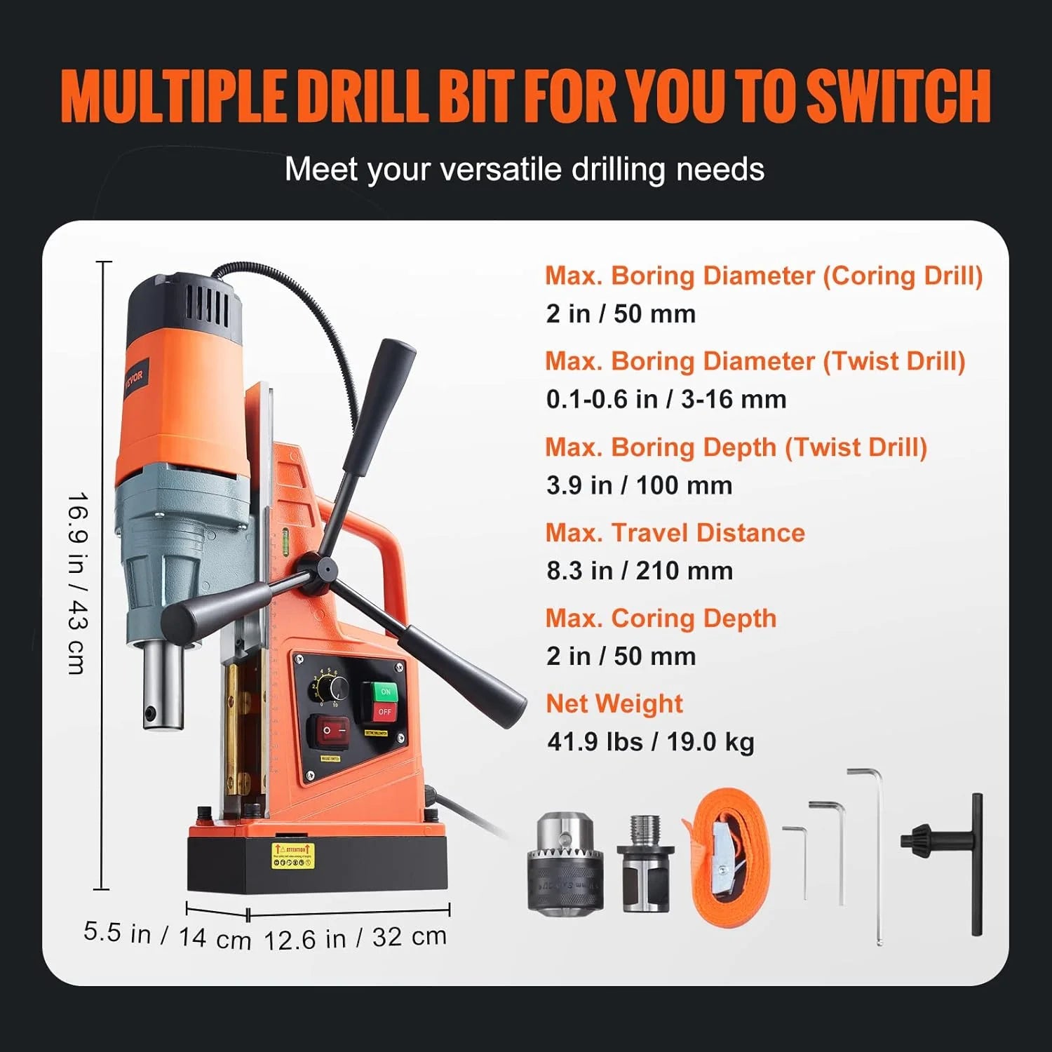 Mag Drill Press, 1550W 2" Boring Diameter, 2922lbf Power Magnetic Drill, 500 PRM, 10-Speed, Electric Drilling Machine for Metal Surface, Industrial and Home Improvement(W/ 2'')