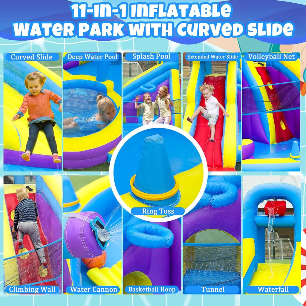 11-in-1 Inflatable Water Slide  Dolphin Bounce House w/2 Long Slides, 19.7 Ft x 13.1 Ft Extra Large Waterslide Climbing Wall w/Small Deeper Pool,Water Cannons,Hoop for Kids Backyard,550W Blower