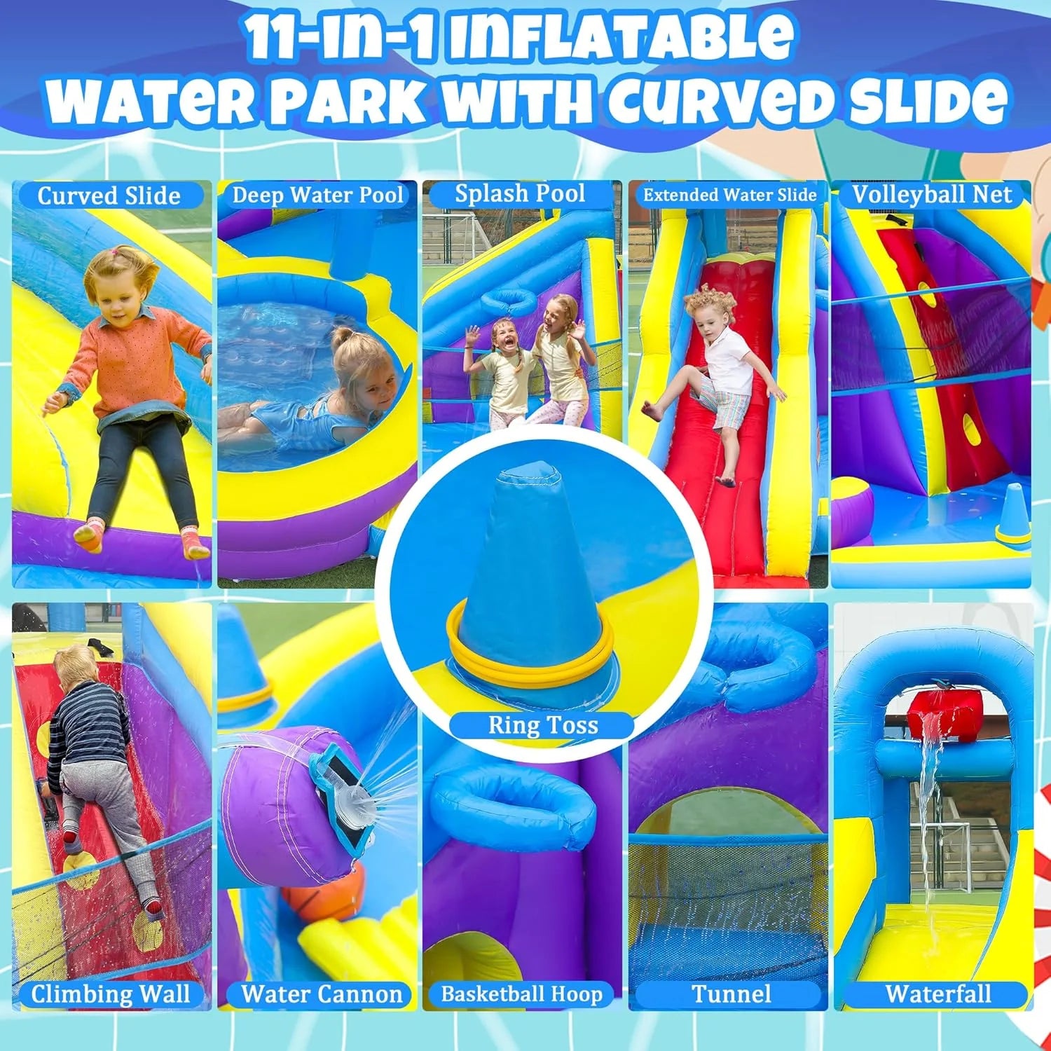 11-in-1 Inflatable Water Slide  Dolphin Bounce House w/2 Long Slides, 19.7 Ft x 13.1 Ft Extra Large Waterslide Climbing Wall w/Small Deeper Pool,Water Cannons,Hoop for Kids Backyard,550W Blower