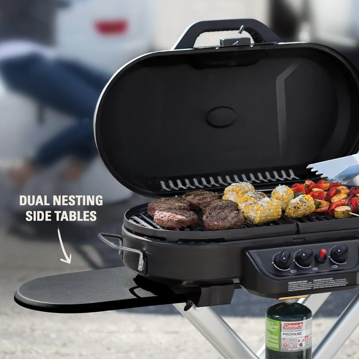RoadTrip Portable Stand-Up Propane Grill with 3 Adjustable Burners  Instastart Ignition, 20,000 BTUs of Power for Outdoor Cooking(Red)