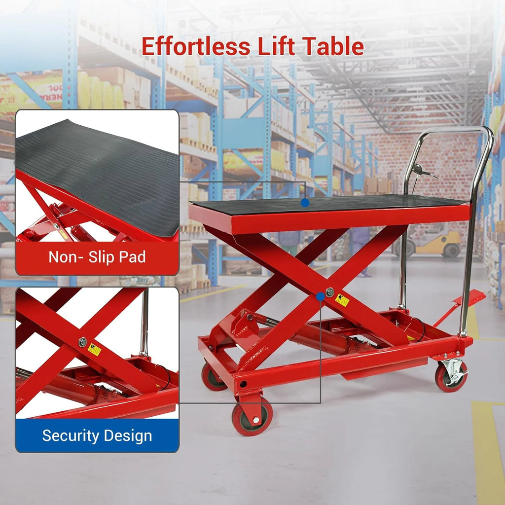 500LBS Hydraulic Lift Table Cart, 30" Lifting Height., Double Scissor Lift Table with 4 Wheels and Non-Slip Pad, Hydraulic Scissor Lift Table for Material Handling and Transportation(660 Pounds)