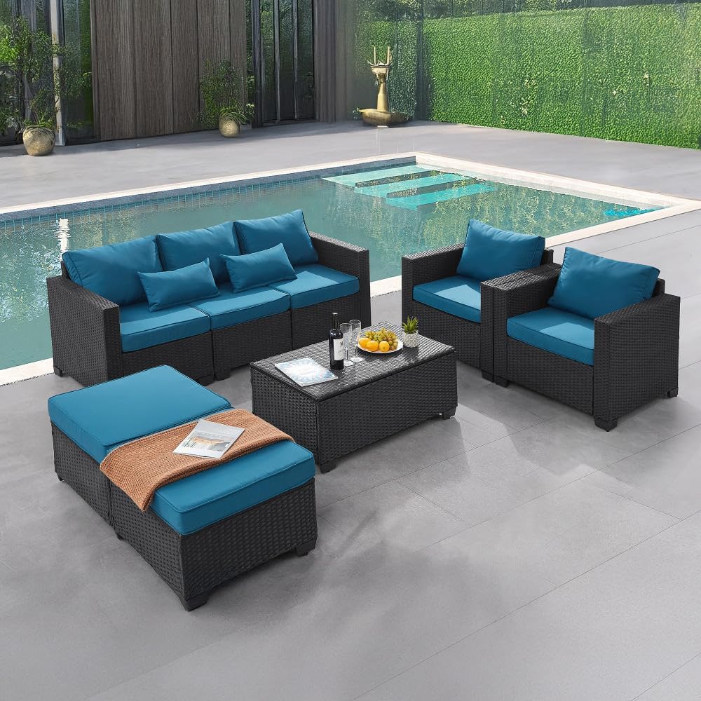 6 Pieces Outdoor Patio Furniture Sets with Furniture Cover, PE Rattan Wicker Patio Conversation Set with Tea Table (Peacock Blue, Rattan Storage Table)(Peacock Blue/Rattan Storage Table)