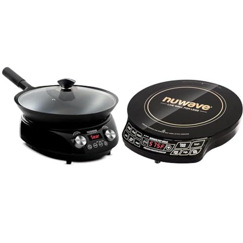 Nuwave Mosaic Induction Wok, Precise Temp Controls from 100u00b0F to 575u00b0F in 5u00b0F, Wok Hei, Infuse Complex Charred Aroma  Flavor, 3 Watts 600, 900  1500, Authentic 14-inch Carbon Steel Wok Included(Black Induction Wok Fry Pan/DeluxeWokCookingKit)