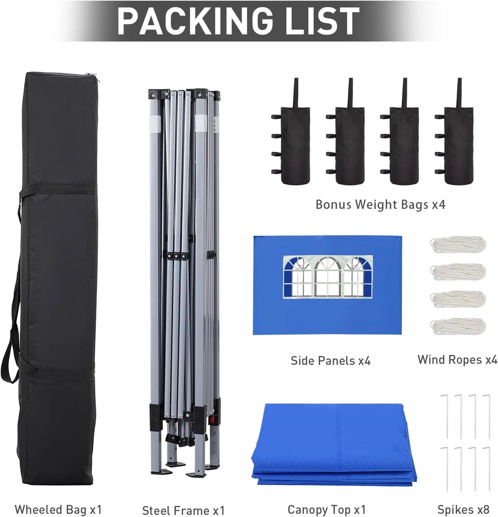GDY 10x10 Pop Up Canopy Tent, Outdoor Canopy Tent, Patio Tent,Commercial Instant Gazebos,4 Sidewalls, Portable Shelter Canopies, with 4 sandbags, Blue.