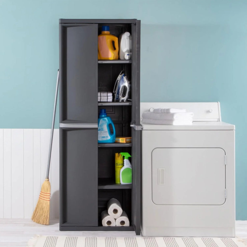 Storage Cabinet, Rugged Plastic Garage Organizer with Double Doors, 4 Adjustable Shelves, Gray(One Size/2 Pack)