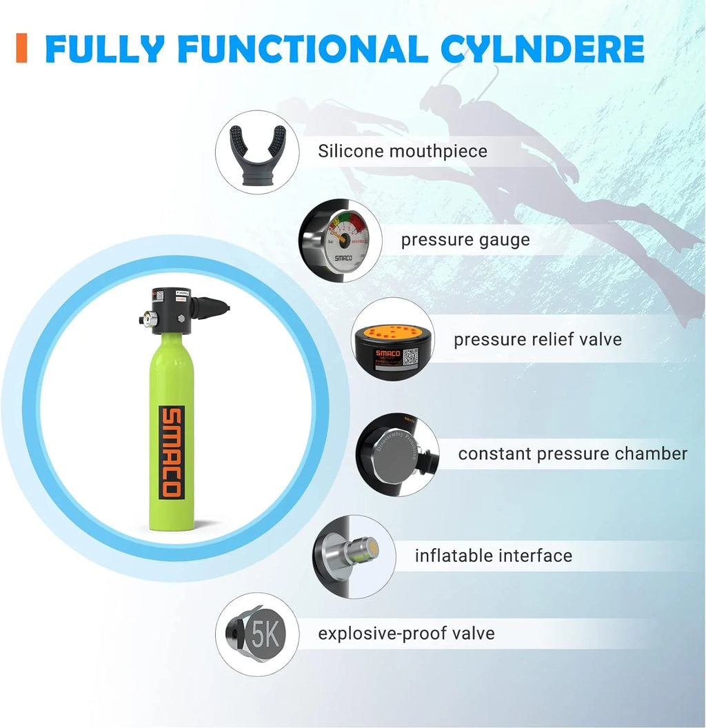 Mini Scuba Tank 0.5L Portable Scuba Diving Tank Support About 6 Minutes Underwater Breathe, Scuba Diving Cylinder with 0.5L Capacity 3000Psi/200Bar Maximum Pressure for 33 ft Depth Diving(Green)