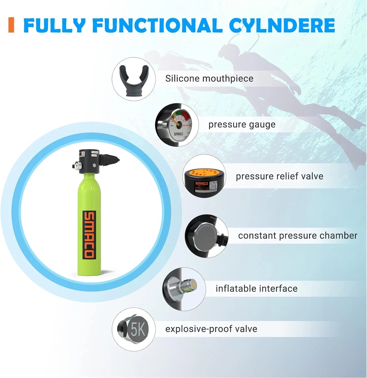 Mini Scuba Tank 0.5L Portable Scuba Diving Tank Support About 6 Minutes Underwater Breathe, Scuba Diving Cylinder with 0.5L Capacity 3000Psi/200Bar Maximum Pressure for 33 ft Depth Diving(Green)