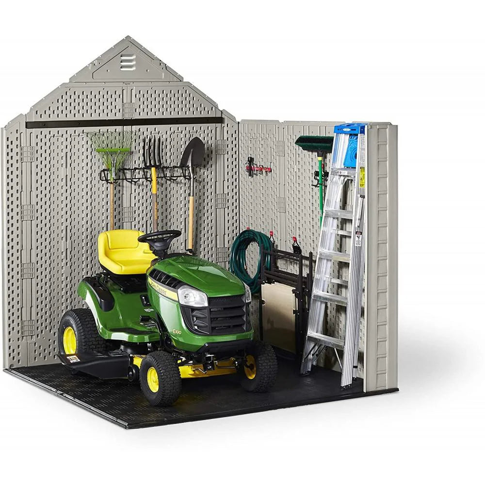 Rubbermaid 77 Ft Durable Weather Resistant Resin Outdoor Garden Storage Shed with Windows and Utility Hooks, Sand