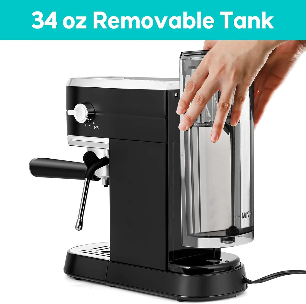 Espresso Machine 20 Bar, Compact Espresso Maker with Steam Milk Frother, Stainless Steel Coffee Machine with 34oz Removable Water Tank for Cappuccino, Latte, Silver(Deep Black/Button)