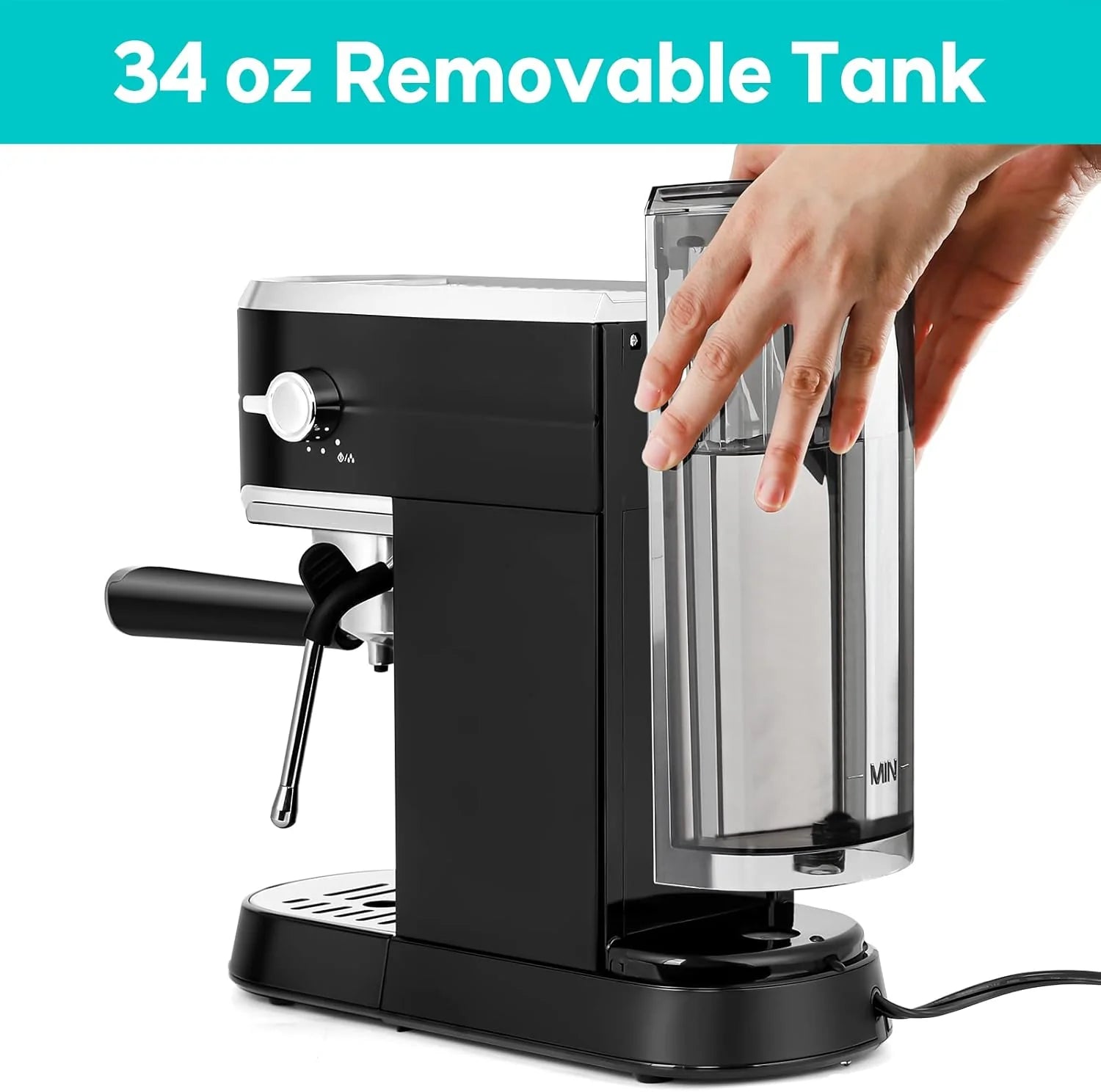 Espresso Machine 20 Bar, Compact Espresso Maker with Steam Milk Frother, Stainless Steel Coffee Machine with 34oz Removable Water Tank for Cappuccino, Latte, Silver(Deep Black/Button)